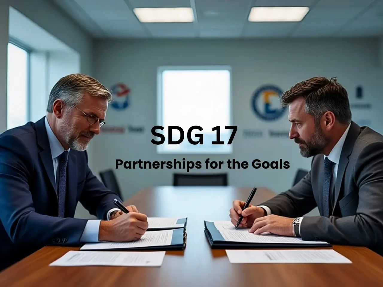 Two business executives in suits signing a partnership agreement at a conference table with "SDG 17 Partnerships for the Goals" text overlay, representing global business collaboration for sustainable development goals.