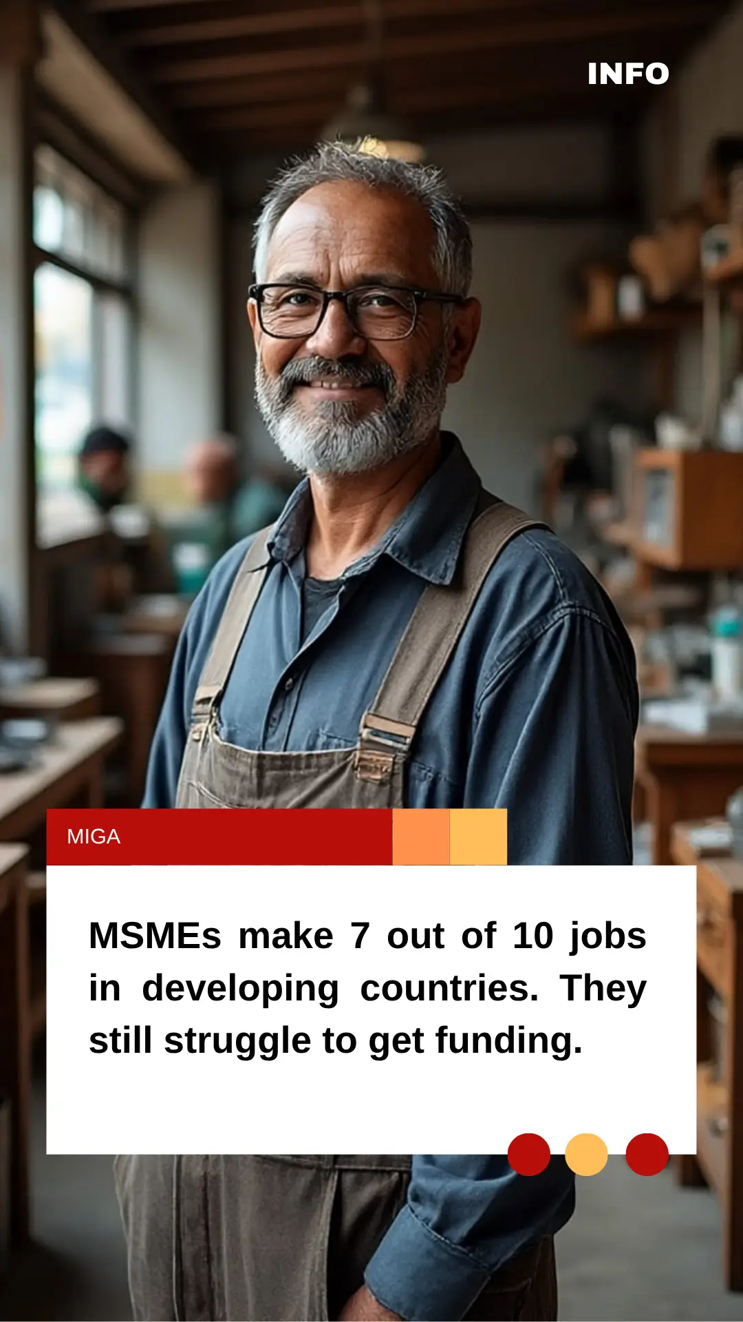 MSME entrepreneur in workshop standing in apron. Text overlay MSMEs make 7 out of 10 jobs in developing countries and still struggle to get funding. MIGA infographic on small business job creation and finance gap.