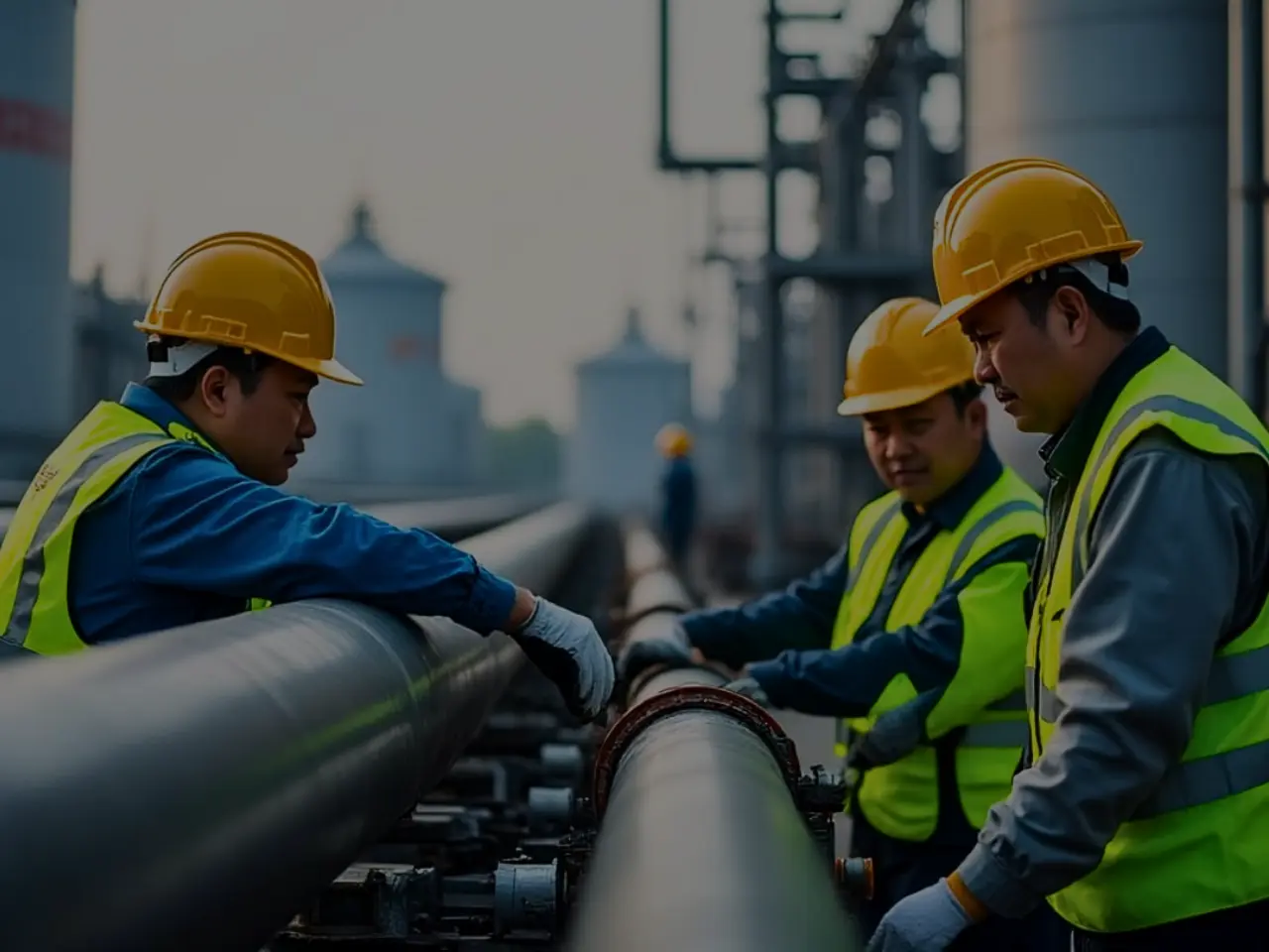 Three engineers in yellow hard hats and high-visibility safety vests inspecting large industrial gas pipelines at an energy facility, with storage tanks and piping infrastructure in the background. This image depicts on-site operations related to gas energy privatization.