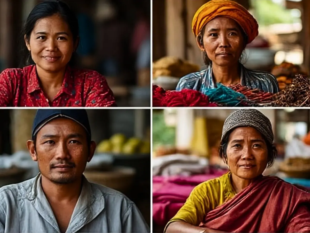 Collage of four portraits of people four different category of entreprenurs, two women and two men, with blurred work place backgrounds.
