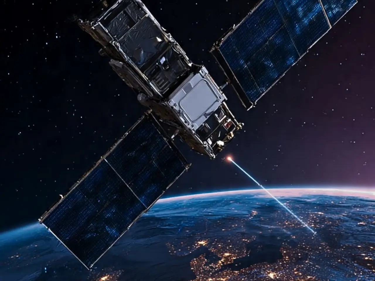 Close-up of an EU satellite with solar panels orbiting above Europe at night with signal beams, representing the IRIS2 348-satellite constellation for secure sovereign connectivity by 2029