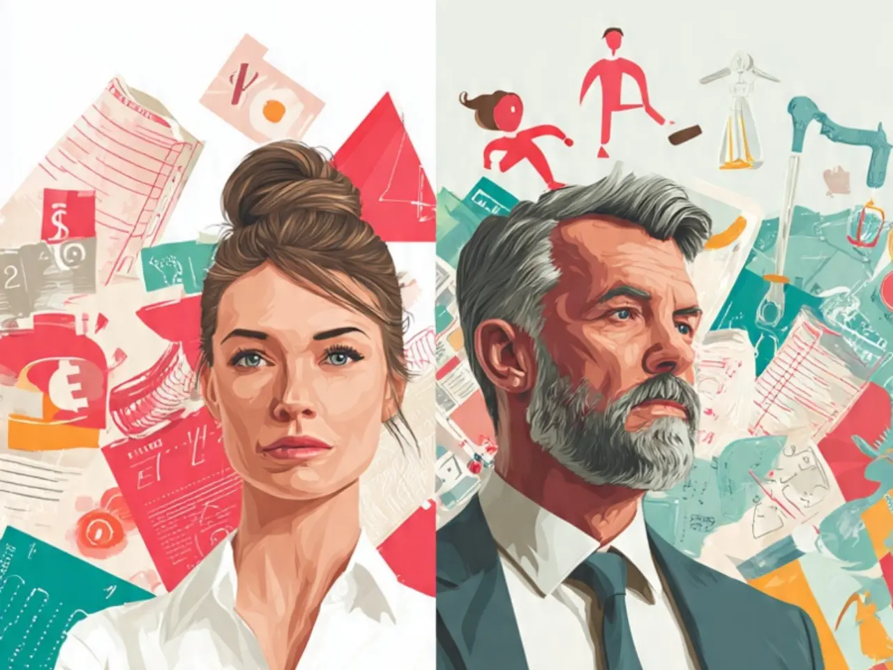 Professional woman and man showing the gender pay gap, with symbols of vulnerable jobs and unpaid care work