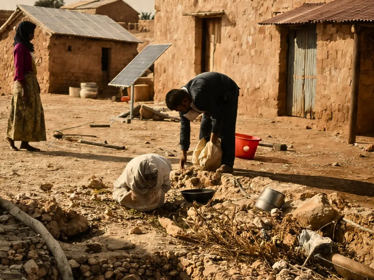 Photorealistic image of a rural Afghan community adapting to climate change with local solutions. People work on dry, cracked land near mud-brick homes with solar panels. @UNDP supports climate adaptation in Afghanistan to protect lives, jobs, and livelihoods while building resilience for a climate-