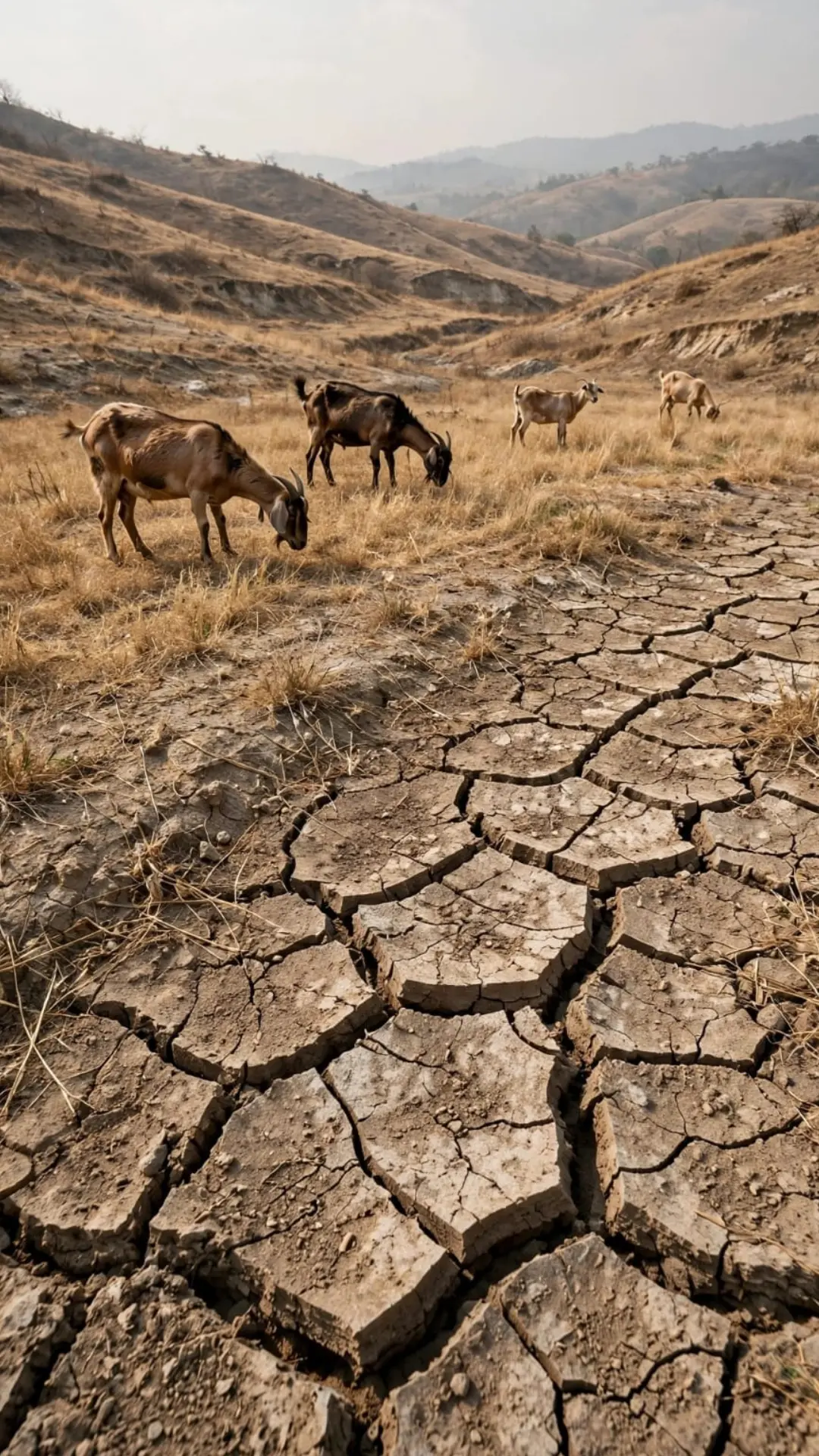 Drought and soil erosion causing land degradation in Asia Pacific, goats grazing on cracked dry earth, ADB FIELD initiative