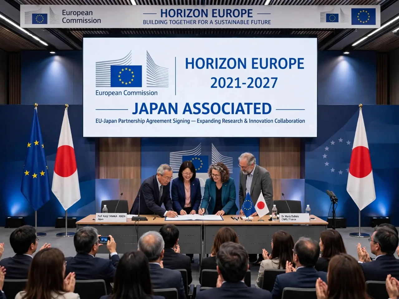 European Commission and Japan officials signing Horizon Europe association agreement on stage with EU and Japan flags and screen displaying Horizon Europe 2021-2027 Japan Associated