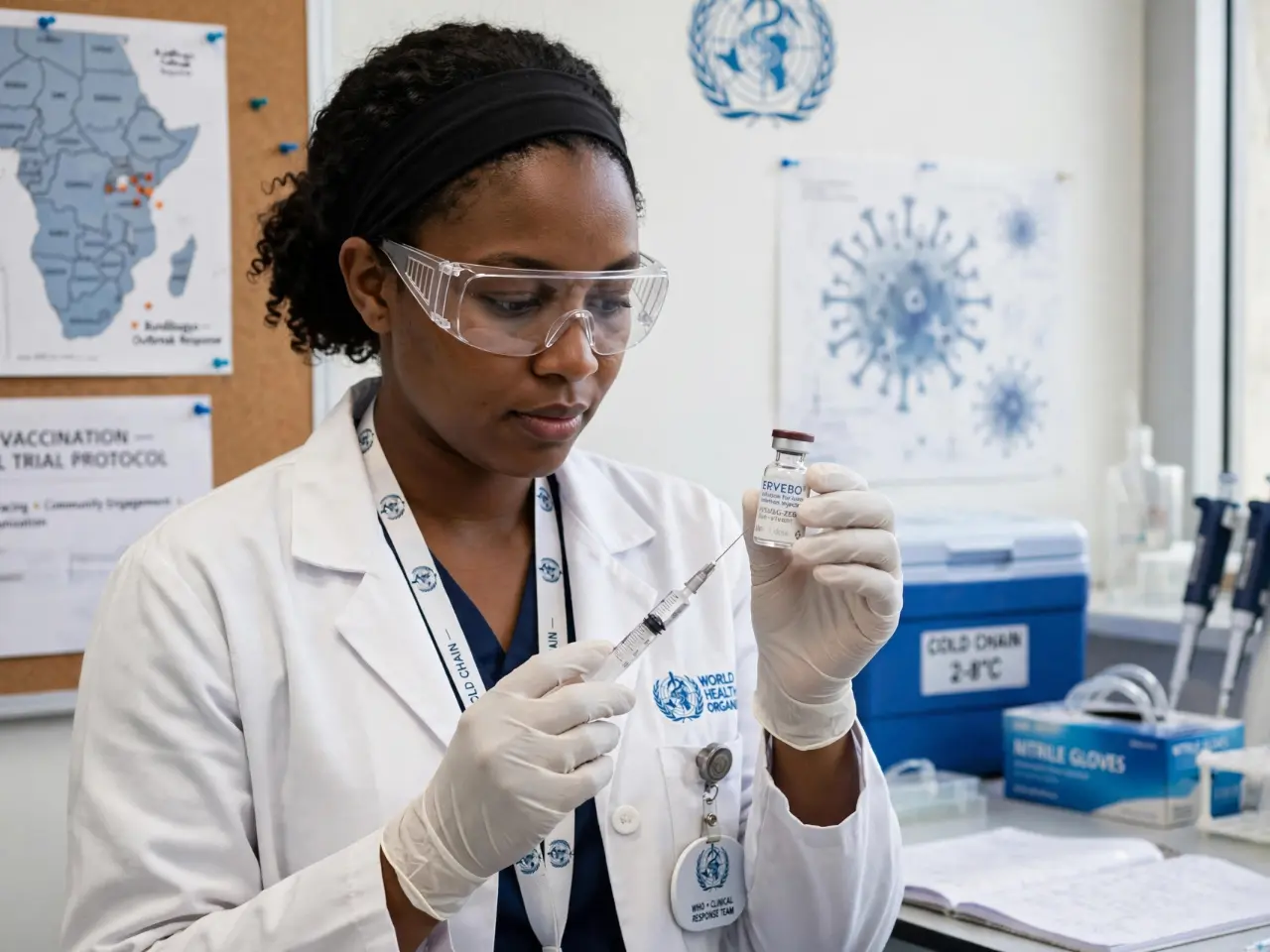 WHO scientist preparing Ervebo vaccine vial and syringe in laboratory with Africa map showing DRC Bundibugyo outbreak and ring vaccination clinical trial protocol in background