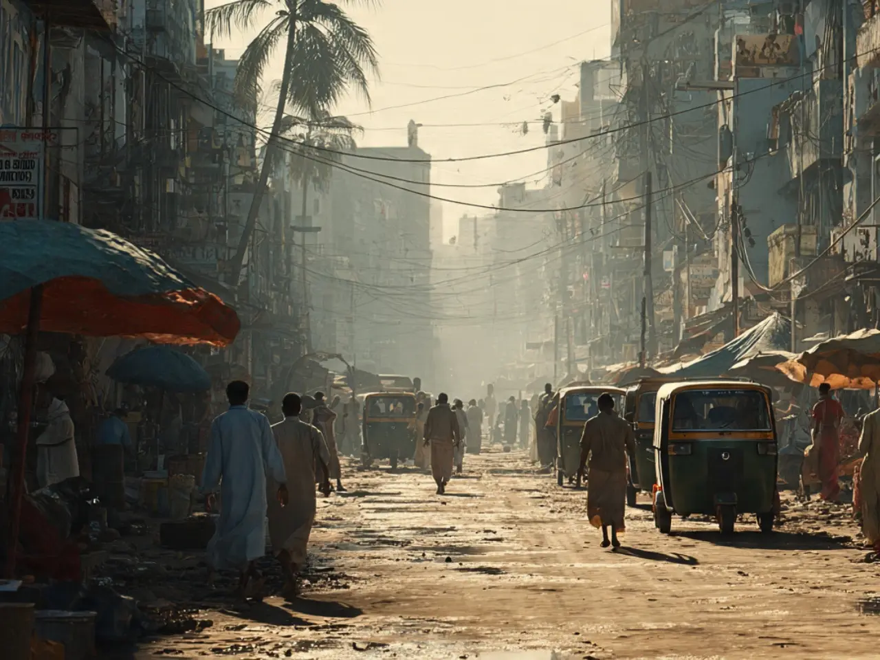 Photorealistic street in South Asia during extreme heatwave 2070 showing people, auto-rickshaws, and vendors seeking shade as 520 million face dangerous heat threatening urban growth and economy