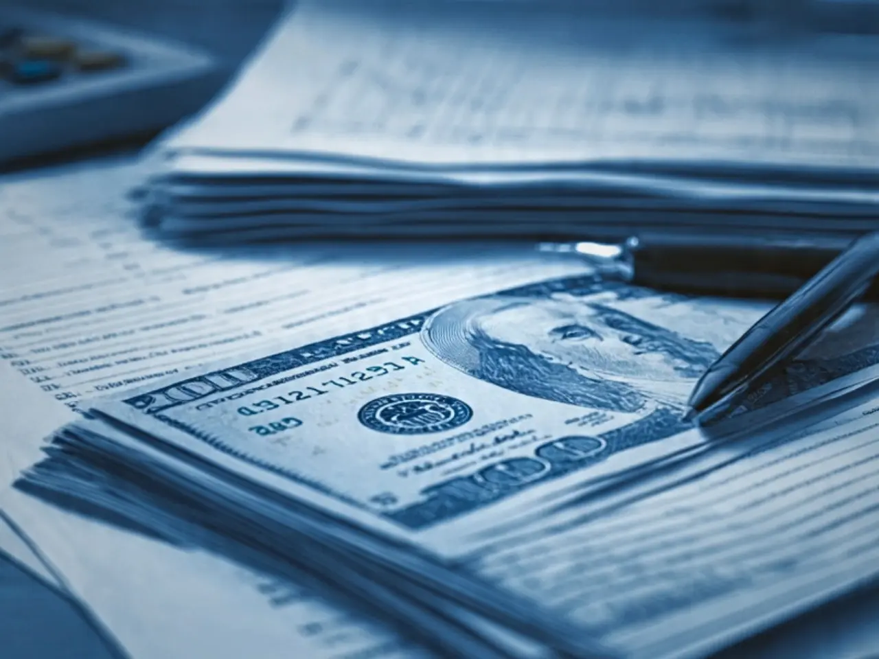 Close-up of a stack of $100 bills, a black pen, and several documents or papers on a desk, with a blue tint over the image—reflecting the recent financial climate as ECBs &amp; OFCBs raised via RBI’s Swap Window and new regulations where banks must now report all FCNR(B) deposits.