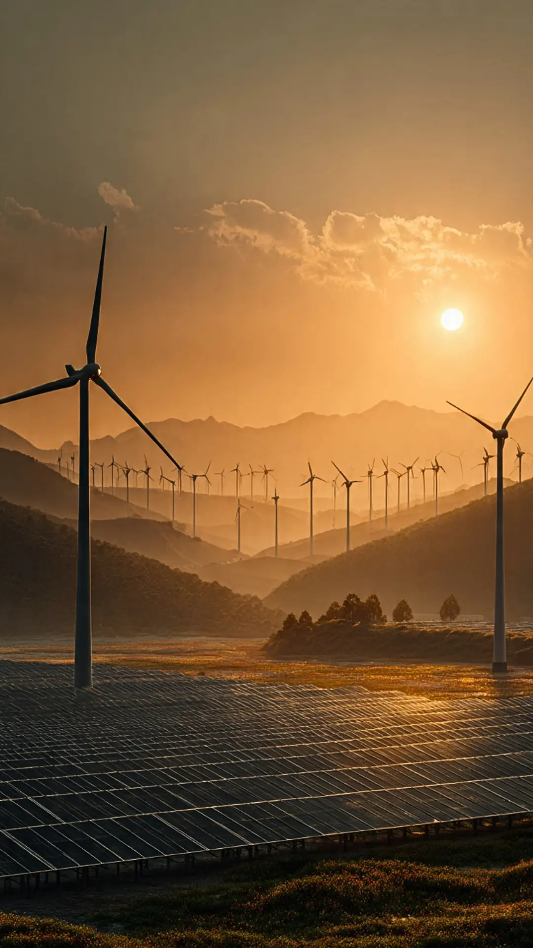 Solar panels and wind turbines at golden hour representing renewables as the number 1 global electricity source