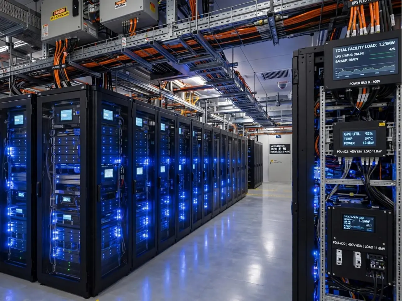AI-powered data centre servers with blue LED lights showing high GPU utilization and 1.23MW facility power load as global electricity consumption from data centres surged in 2025 and is projected to double by 2030 according to IEA