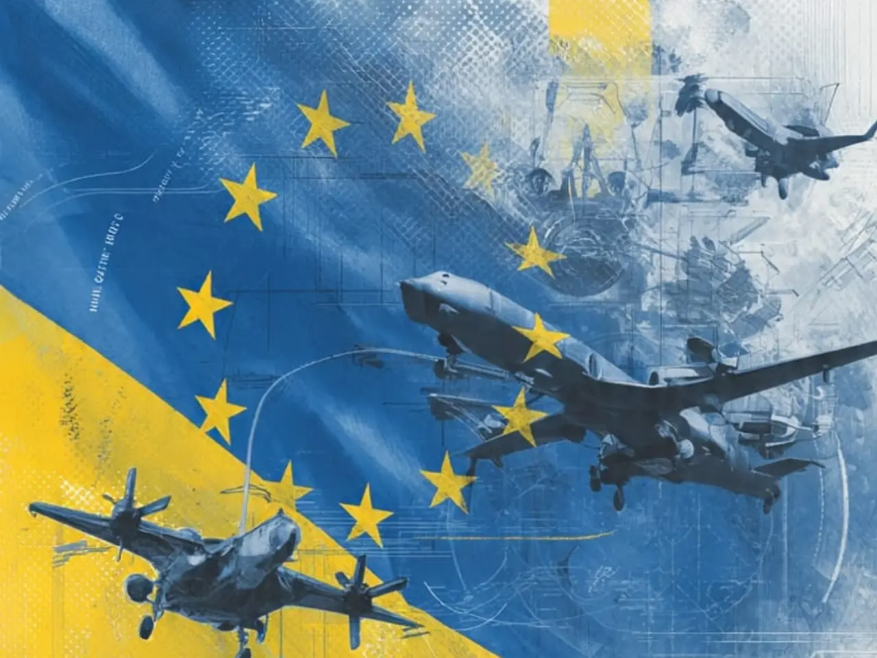 EU and Ukraine flags with defence aid symbols including drones, missiles, air defence and fighter jets