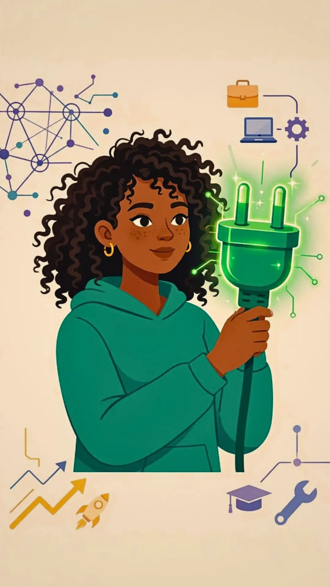 Illustration of young woman holding glowing green electric plug symbolizing AI and technology reshaping youth employment opportunities