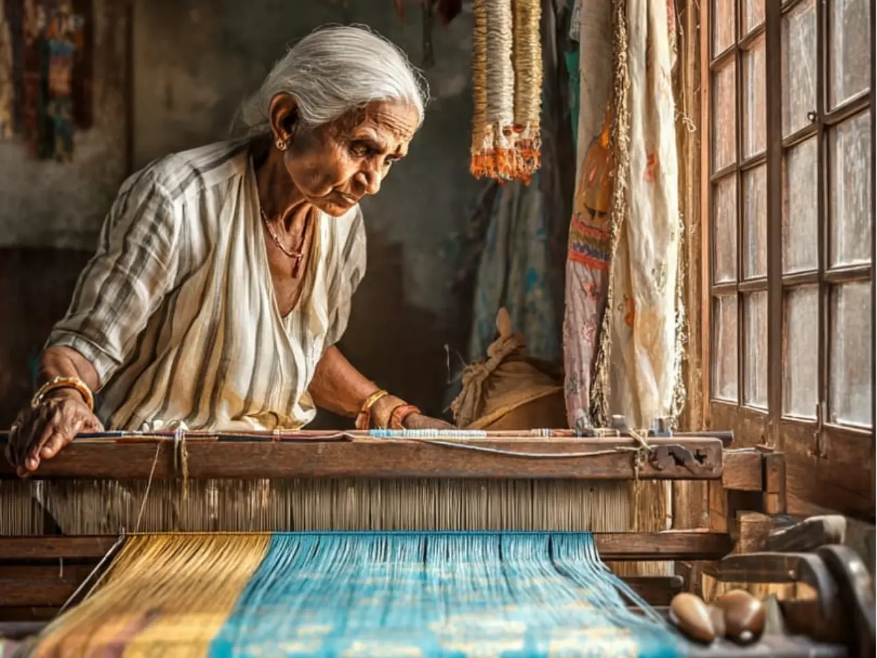 Photorealistic image of an Indian handloom weaver creating a Banarasi silk saree on traditional loom, showcasing India’s sustainable handloom exports and government support for artisans. This captures the authenticity, craftsmanship, and cultural heritage.