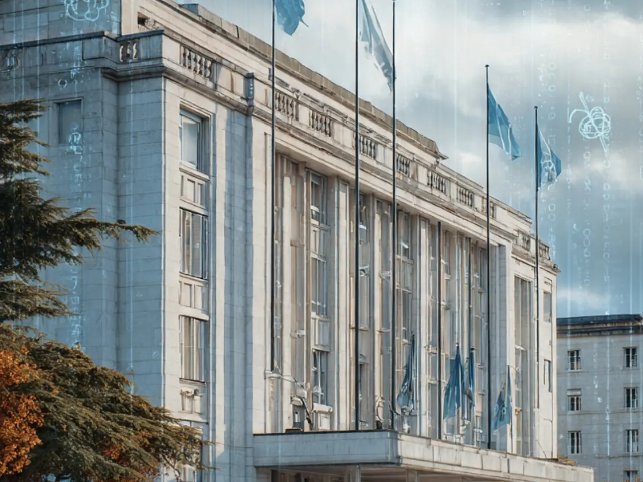 United Nations Office at Geneva Palais des Nations with UN flags, representing the 9th session of the Biological Weapons Convention Working Group on strengthening global biosecurity
