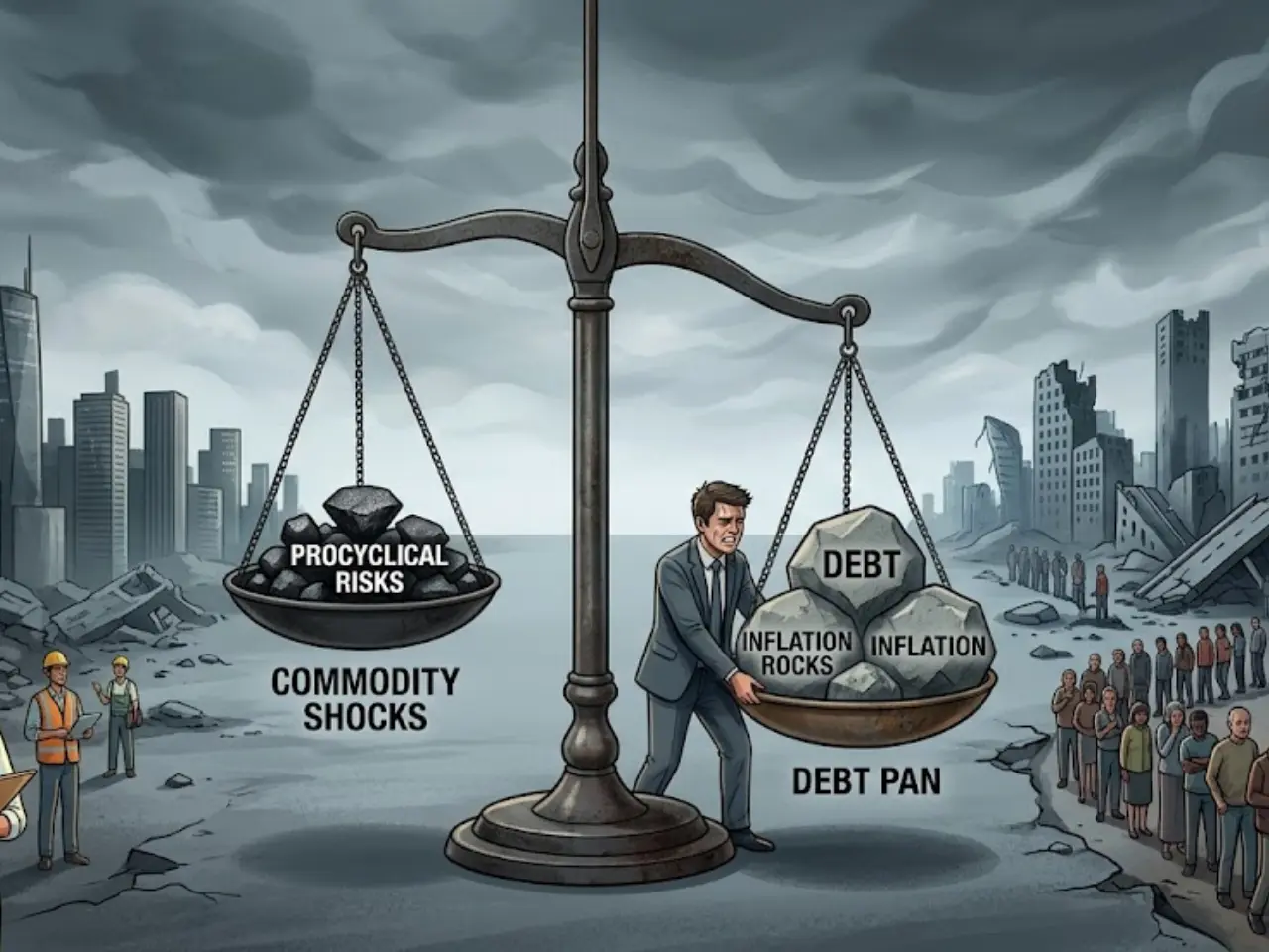 This conceptual illustration visually represents the duality discussed in your text. On the left, it shows how "Sound Fiscal Management" leverages commodity revenue for "Growth" and "Prosperity." On the right, it illustrates the consequences of "Mismanaged Windfalls," where "Debt" and "Inflation" le