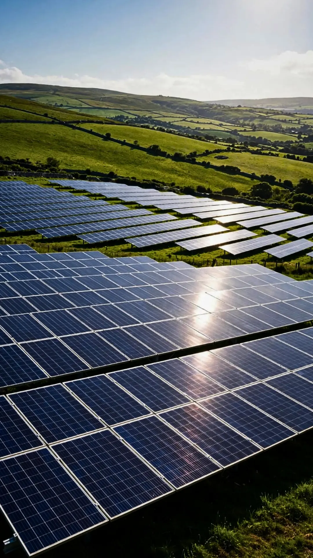 Ireland's installed solar capacity surpasses 3 GW marking major milestone in renewable energy transition with solar panels in green countryside