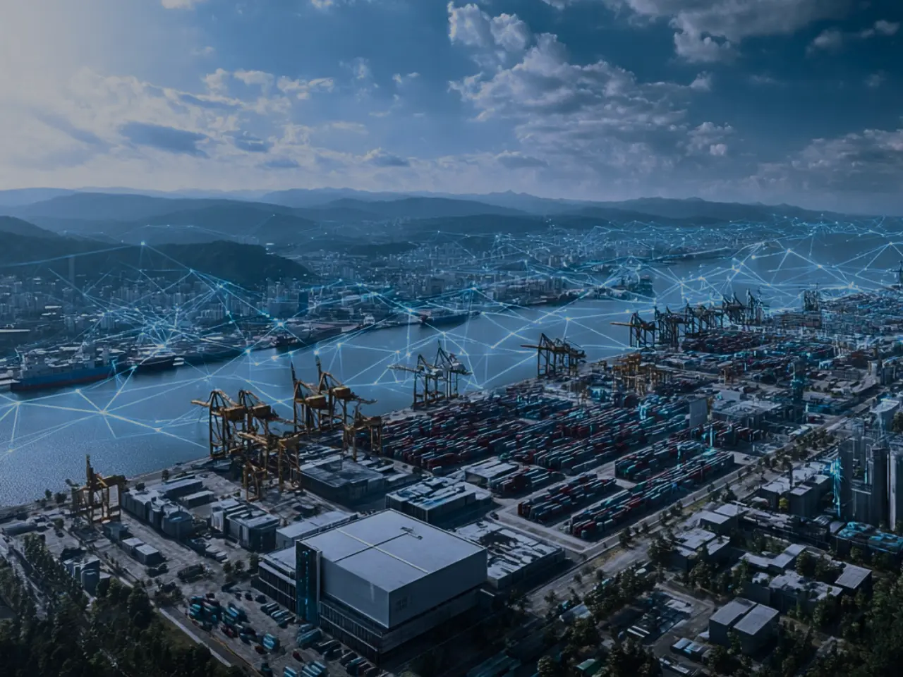 Aerial view of AI-powered port and manufacturing hub in East Asia and Pacific showing shipping containers, cranes, and digital network overlay representing AI-enabled export growth and data center investment in 2025
