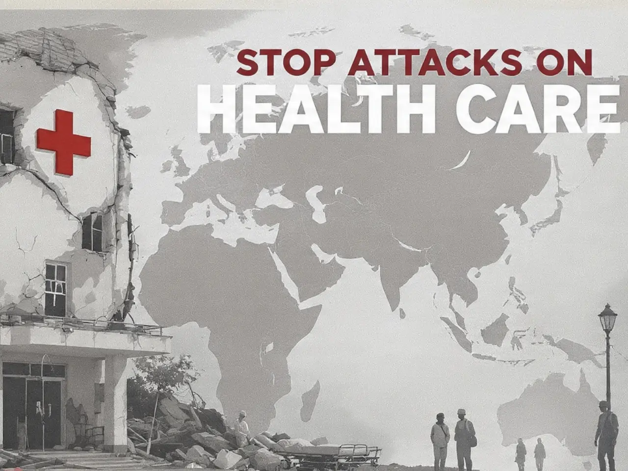 A damaged health facility with medical workers, highlighting the impact of attacks on hospitals and care. It reflects WHO’s data: 10,400+ attacks since 2017, 5,700 deaths and 8,500 injuries across 29 countries.