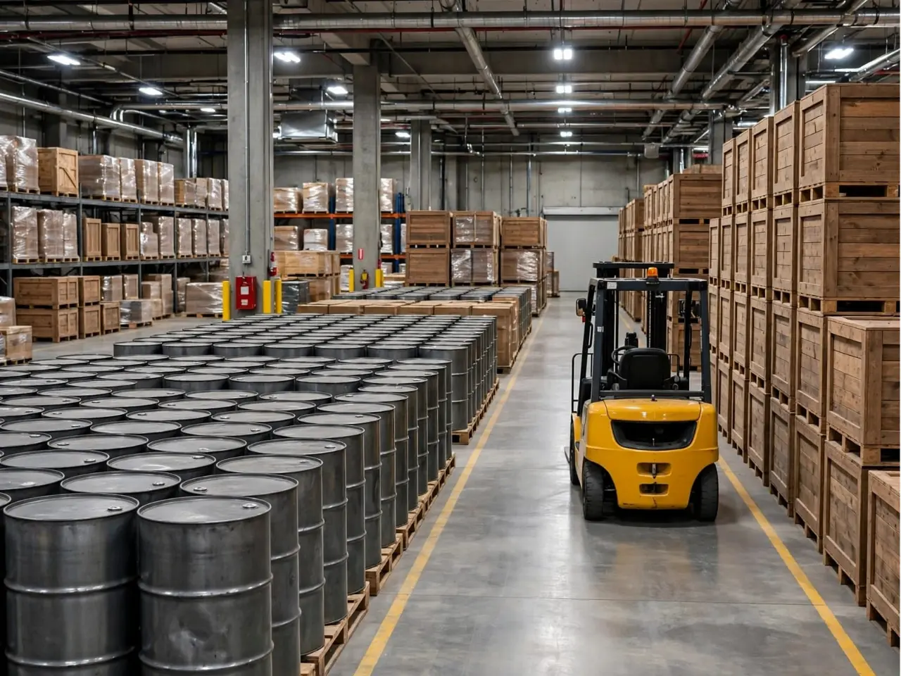 Industrial warehouse storing critical minerals and rare earth permanent magnets in metal barrels and wooden crates with forklift, representing IEA stockpiling operational costs
