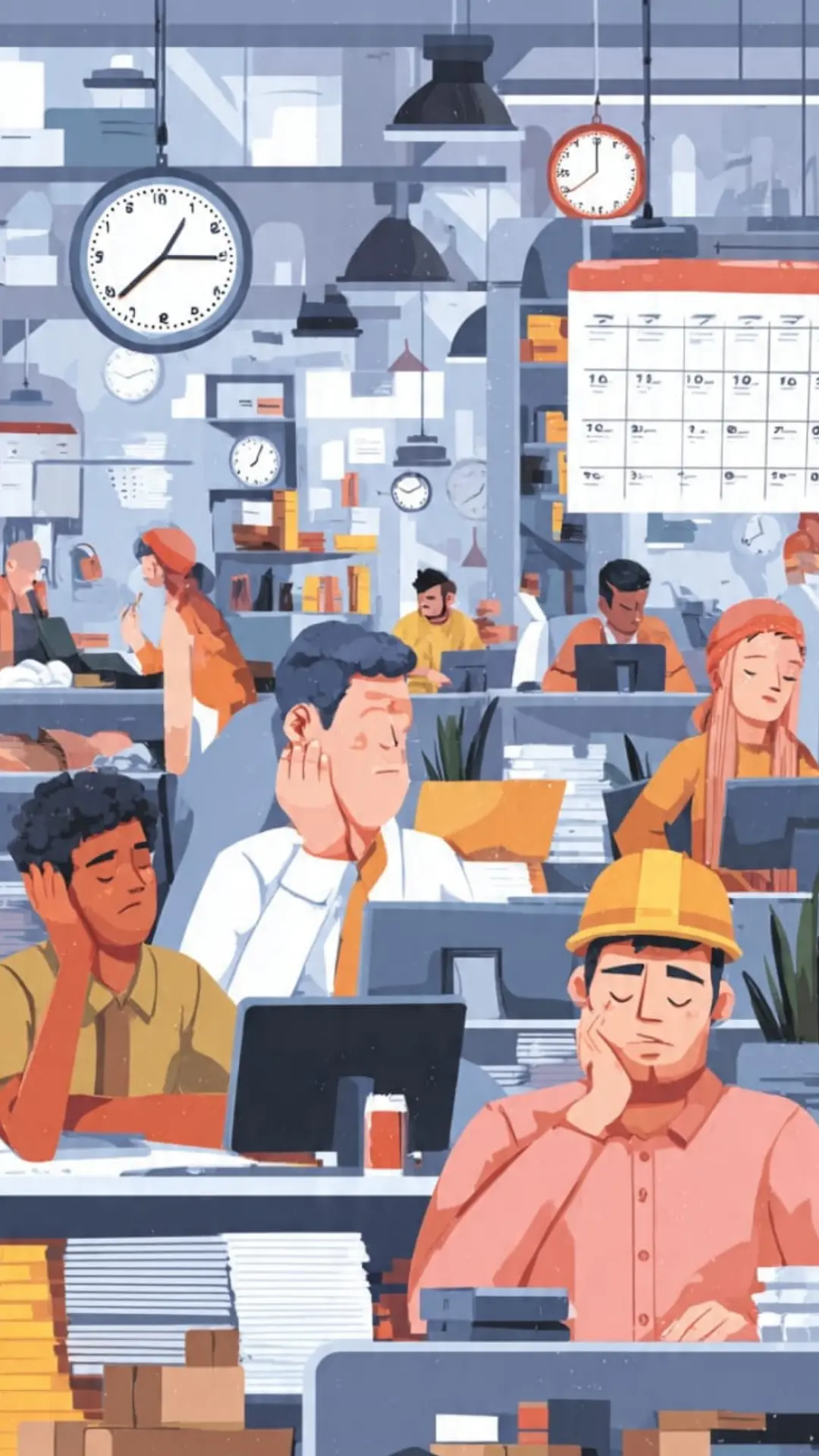 Multiple sectors shown — office, factory, delivery — all with tired workers and clocks/calendars hinting at 48+ hour weeks. Clean space at the top so you can drop the headline over it.