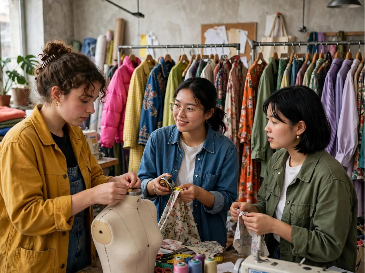 Young women fashion designers collaborating in colorful clothing studio with vibrant garments on racks representing $2.3T creative economy creating jobs