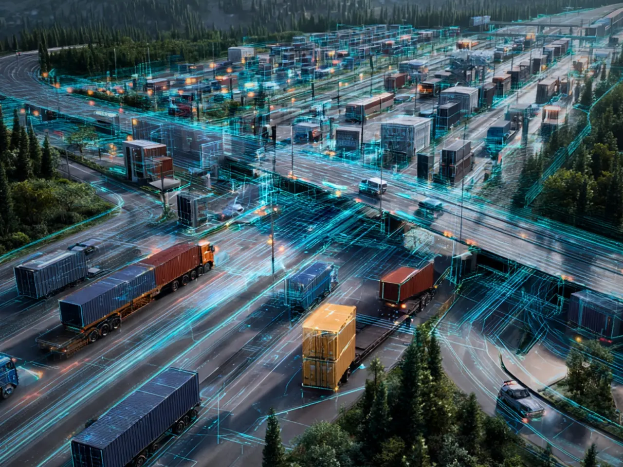 Aerial view of African trade corridor with freight trucks, shipping containers, and highways overlaid with AI and geospatial satellite data visualization. @WorldBankGroup research shows AI tracking congestion, streamlining freight flows, and strengthening trade corridors across Africa for faster goo
