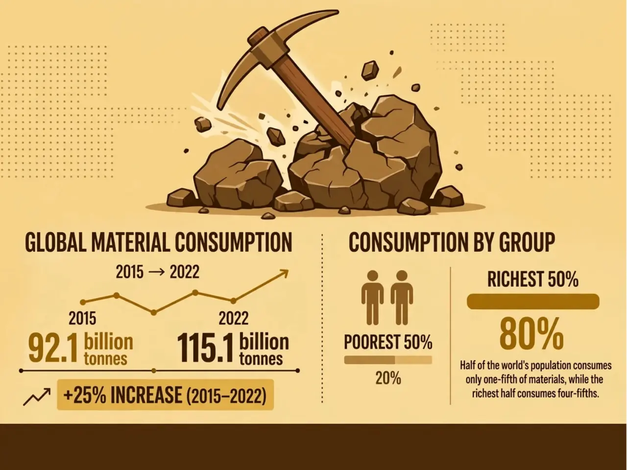 Global material consumption rose 25 percent from 92.1 to 115.1 billion tonnes 2015-2022, richest 50 percent population consumes 80 percent materials - SDG 12 Responsible Consumption and Production Report 2026 infographic
