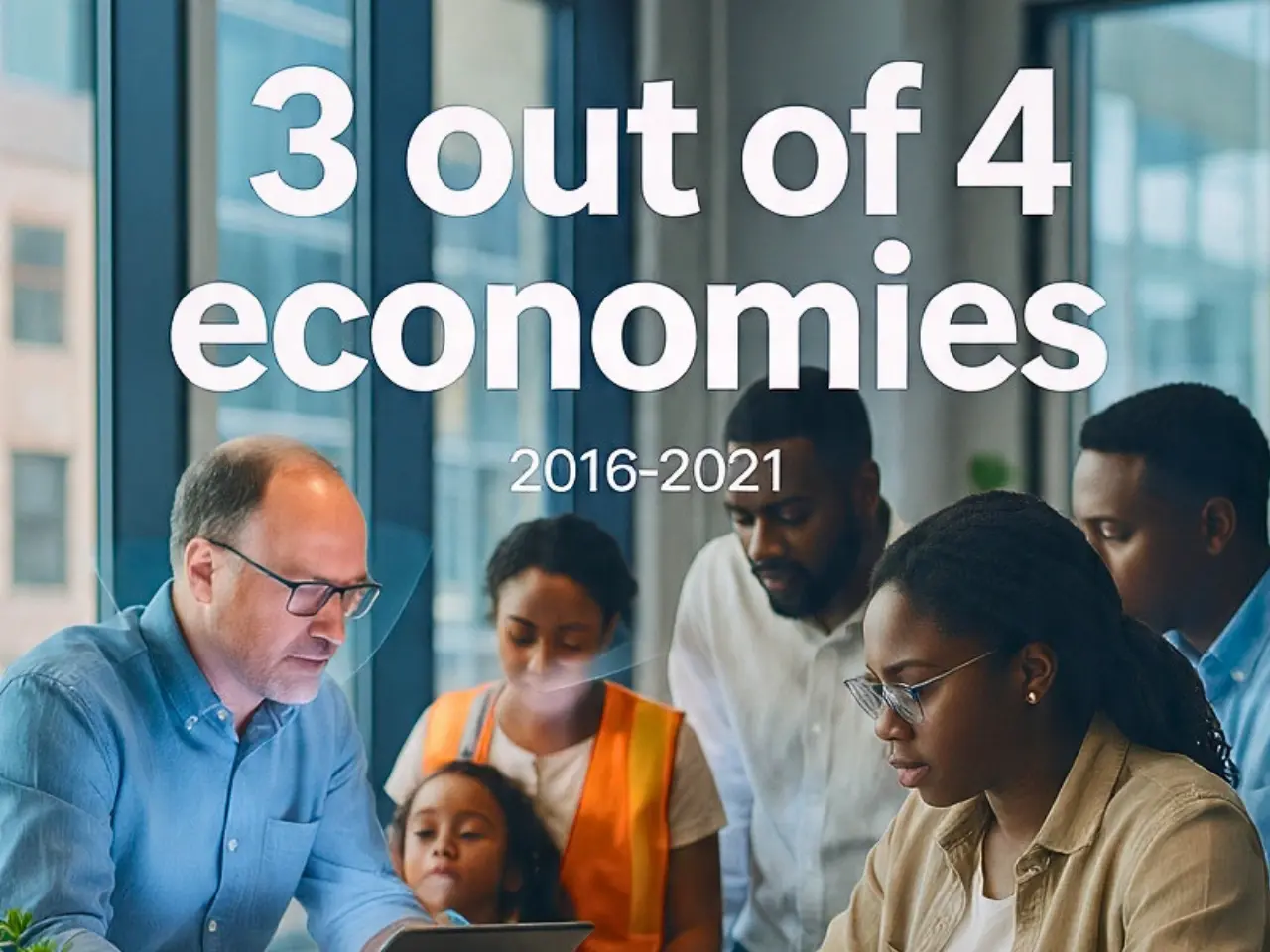 Infographic-style photo showing 3 out of 4 economies where the poorest 40% had faster income growth than the national average, 2016–2021