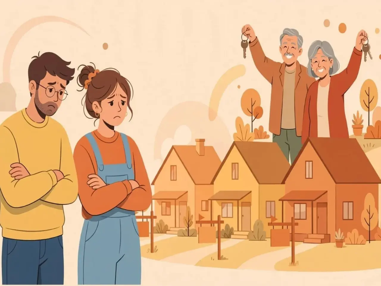Illustration of young couple unable to buy house vs older parents who own homes, generational homeownership inequality concept, OECD housing crisis