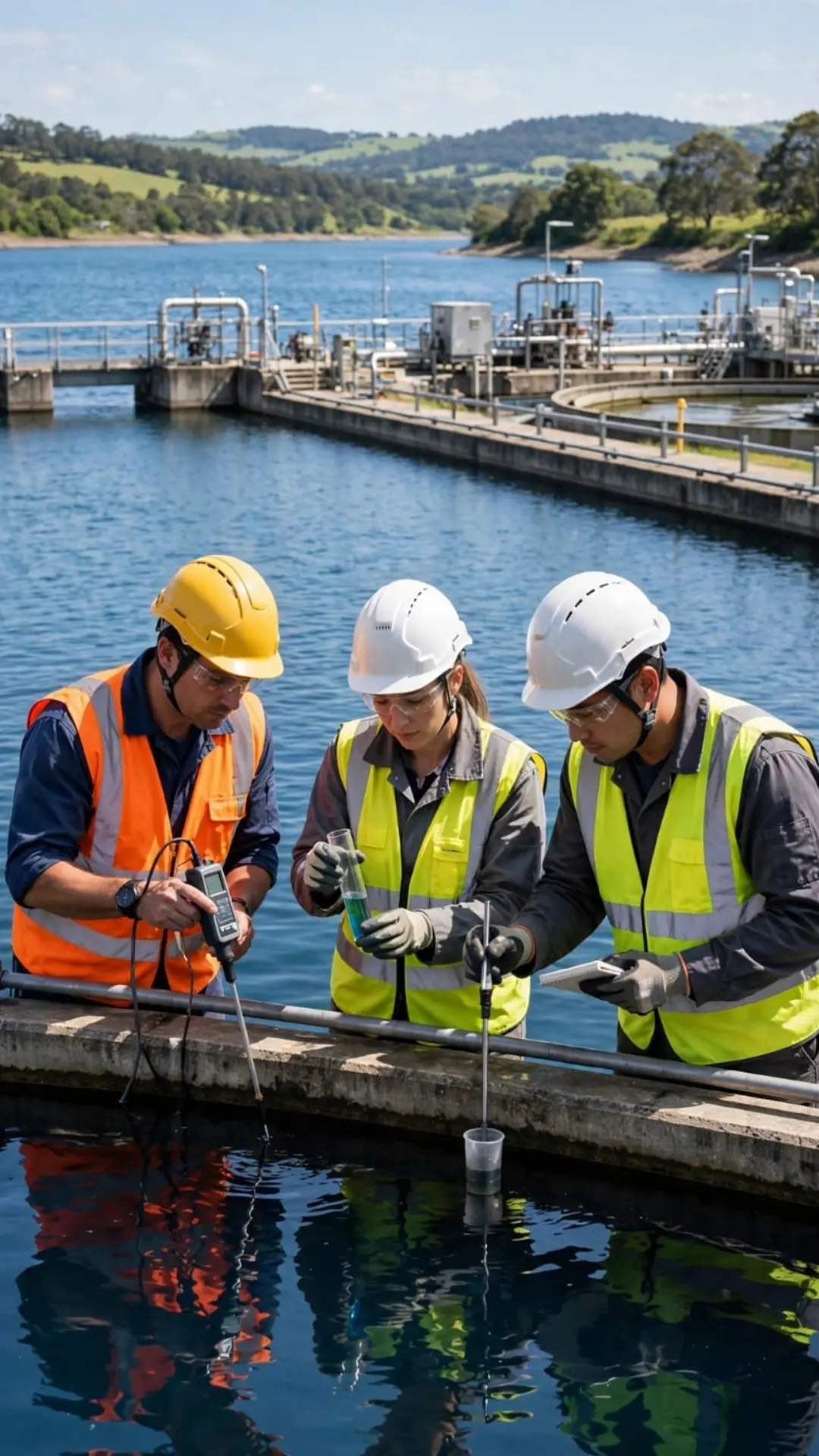 Water treatment workers testing water quality at reservoir showing how water supports 1.7 billion jobs but 28 percent of water budgets remain unspent