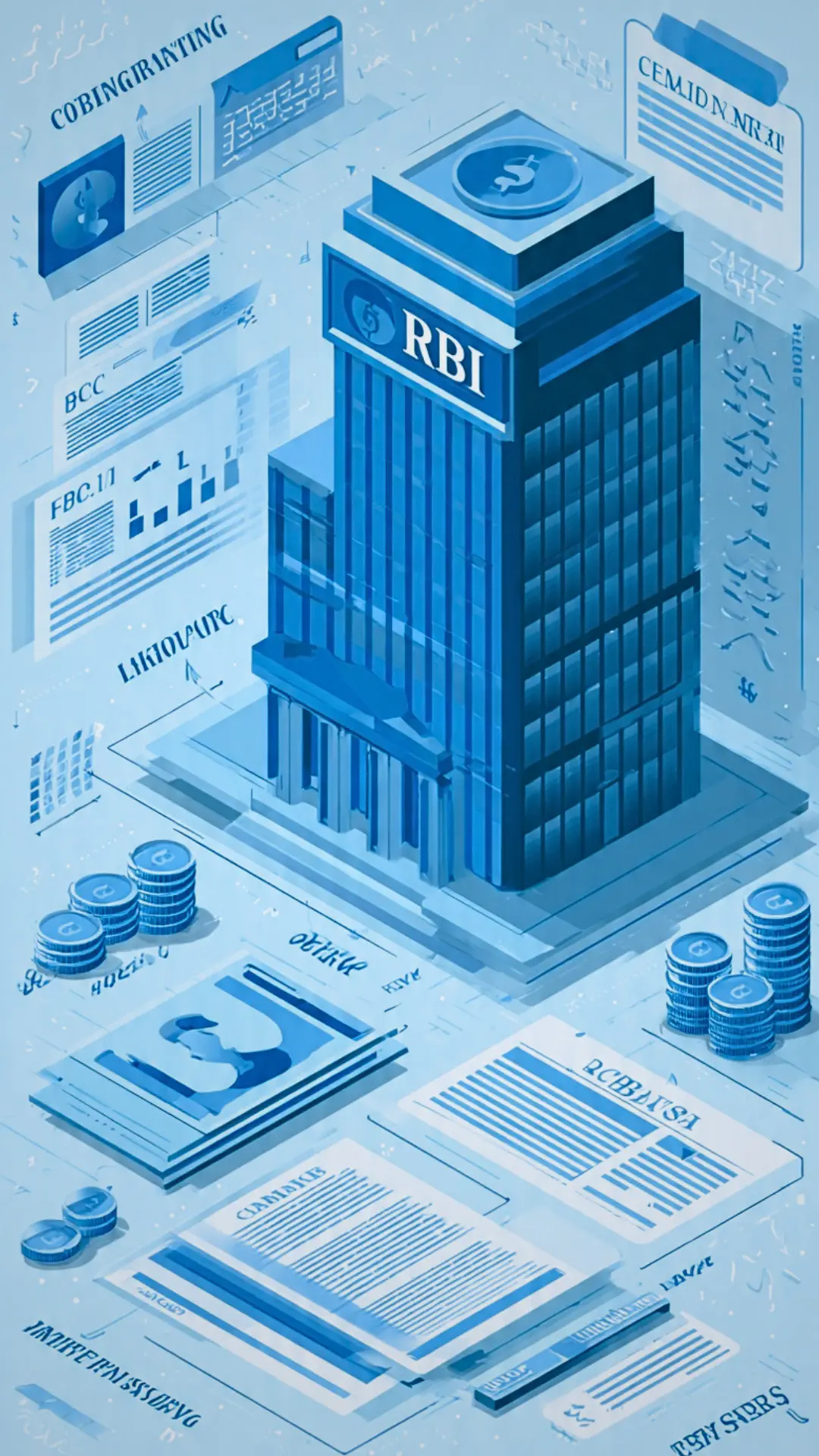RBI building with financial documents and coins illustrating govt tightens reporting rules for banks to report FCNR(B) deposits, ECBs and OFCBs via RBI Swap Window