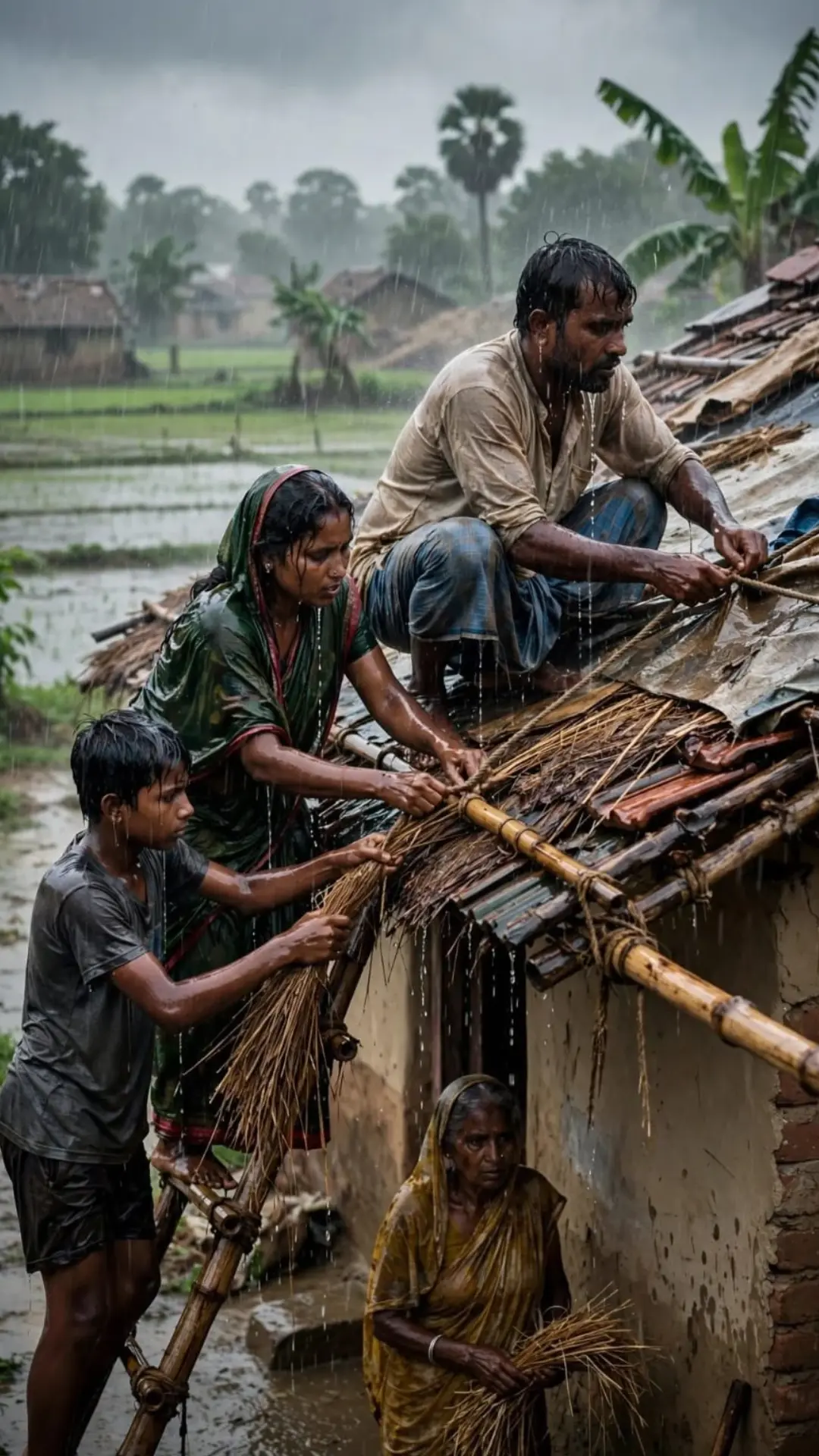 South Asian family fixing thatched roof in heavy rain, mother father son grandmother repairing house with bamboo and straw, extreme weather adaptation South Asia floods