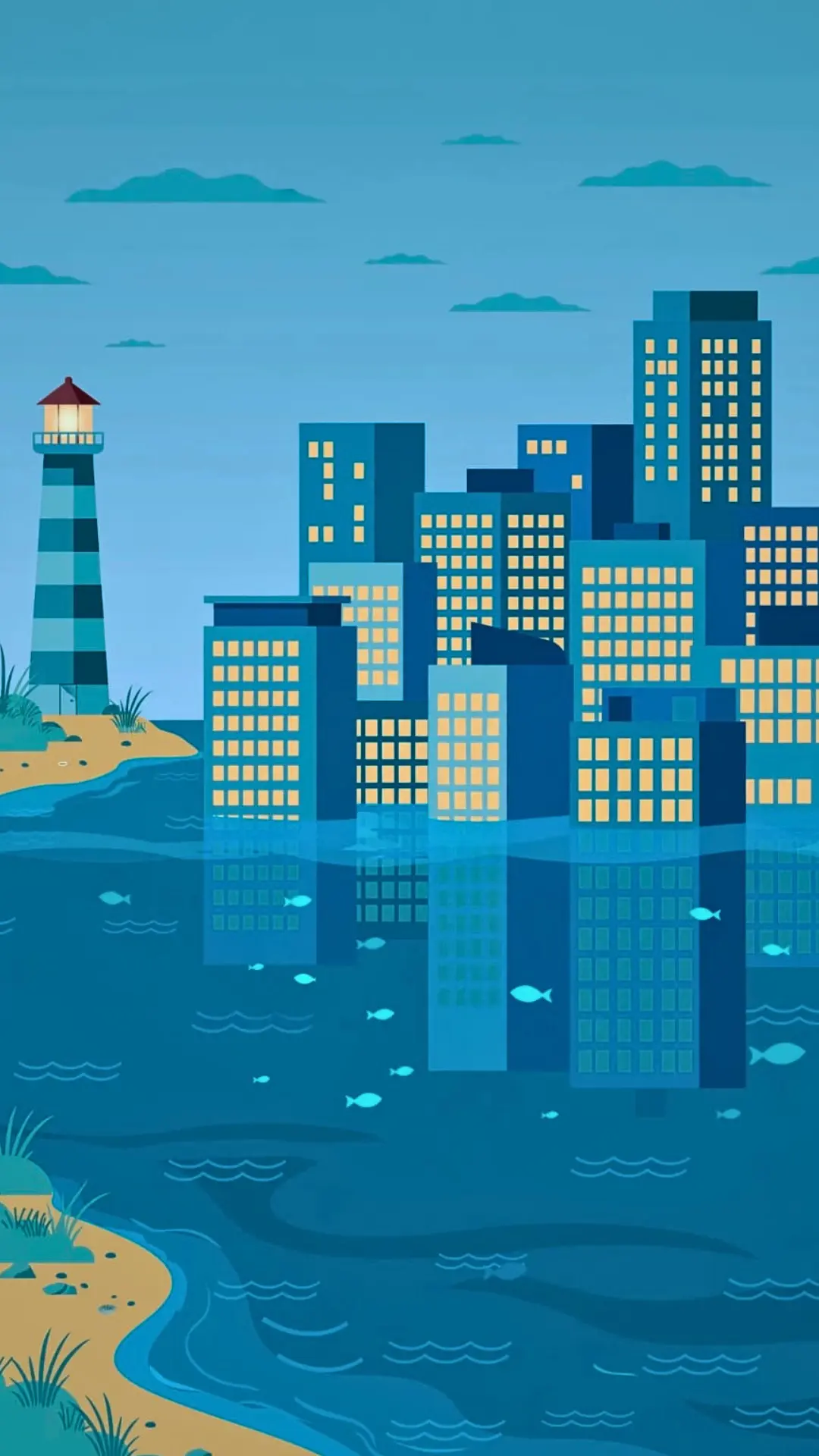 Illustration of coastal city buildings partially submerged in seawater with lighthouse and beach, showing sea level rise and land subsidence impact