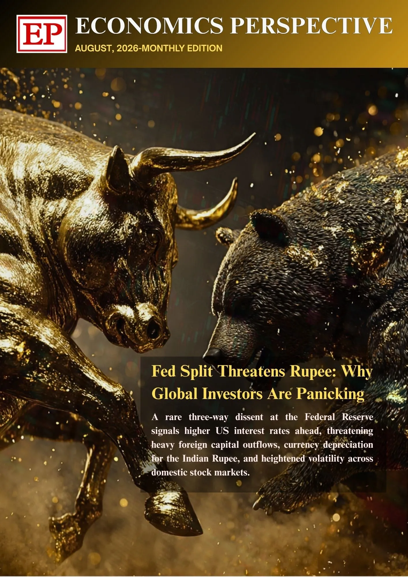 Economics Perspective August 2026 Monthly Edition ebook cover with golden bull and bear fighting, representing global economy, stock market trends, RBI and IMF analysis.