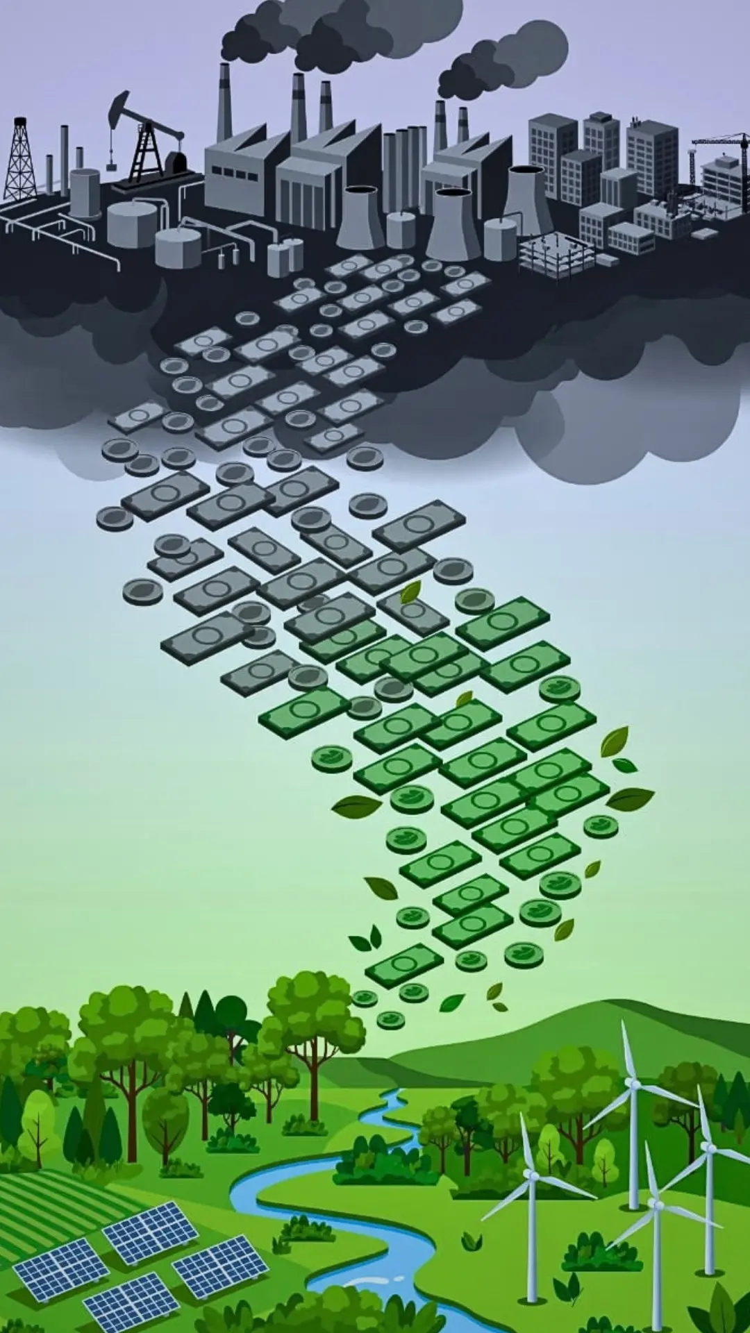 $7 trillion nature negative finance transforming to $200 billion nature positive finance, money flowing from polluting factories oil gas real estate buildings to green energy, solar panels wind turbines forest river, repurposing finance for nature concept, biodiversity funding turnaround illustratio