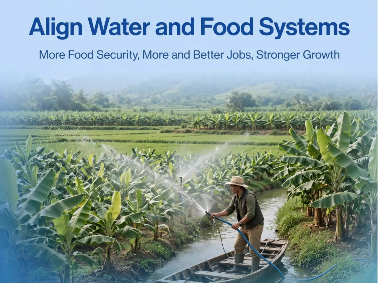 Farmer irrigating banana crops from boat in canal - Align Water and Food Systems for more food security jobs and growth