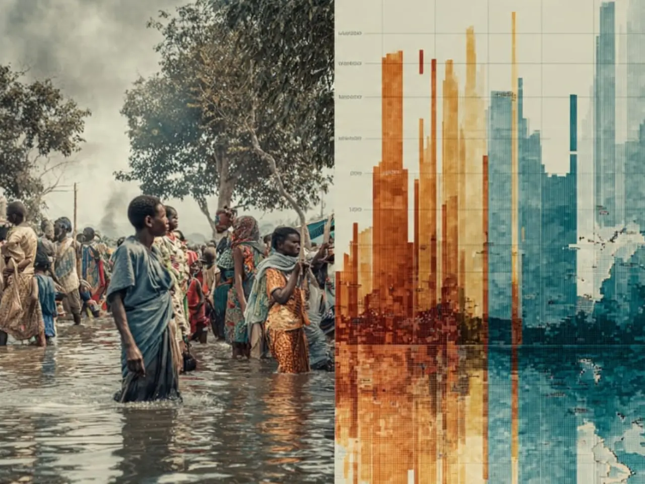 Split composition —   Left: Communities dealing with floods + extreme heat   Right: Data/map visual showing nearly 1 in 5 people globally at high risk, with a visual nod to the World Bank Group Scorecard mapping vulnerability and resilience support.