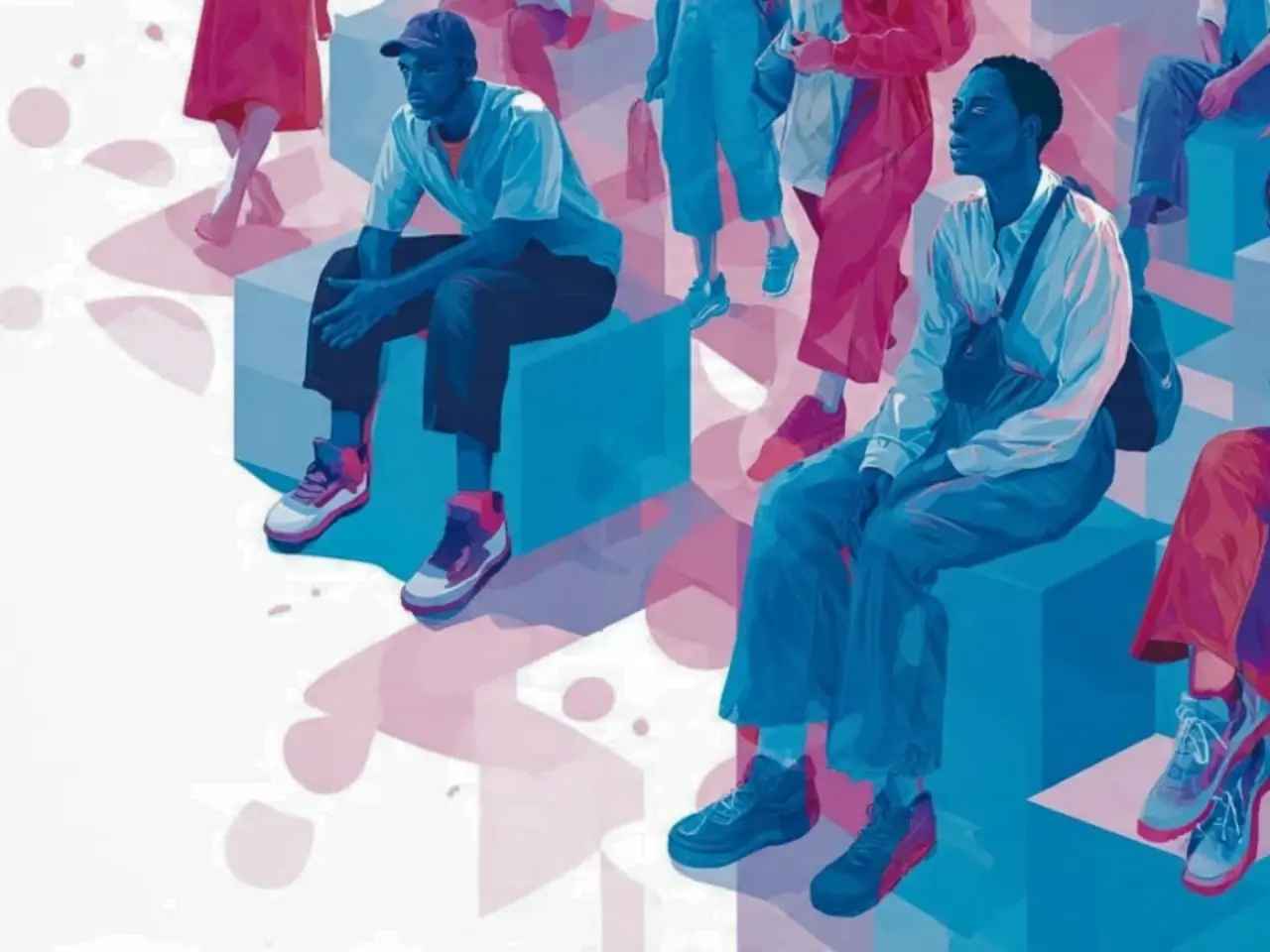 Diverse young people facing job uncertainty, reflecting stalled progress in youth labor markets. Clean space left for headline and text overlay, in a flat editorial style with ILO report tones.