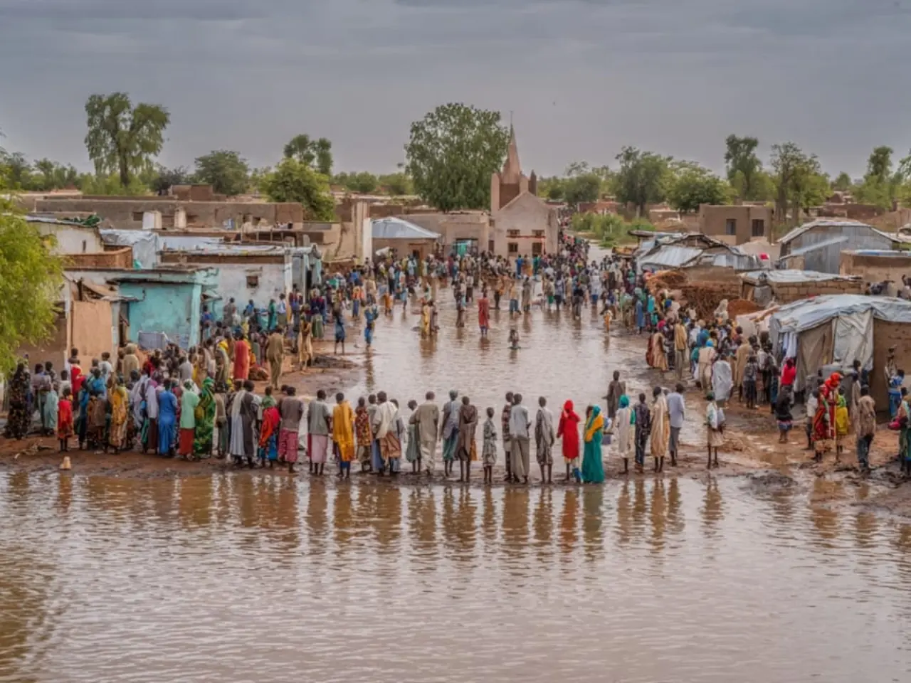 Displaced families in El Obeid and Sheikan, aid lines for food and nutrition support, plus flooded areas showing the impact of the rainy season on homes and WASH facilities.