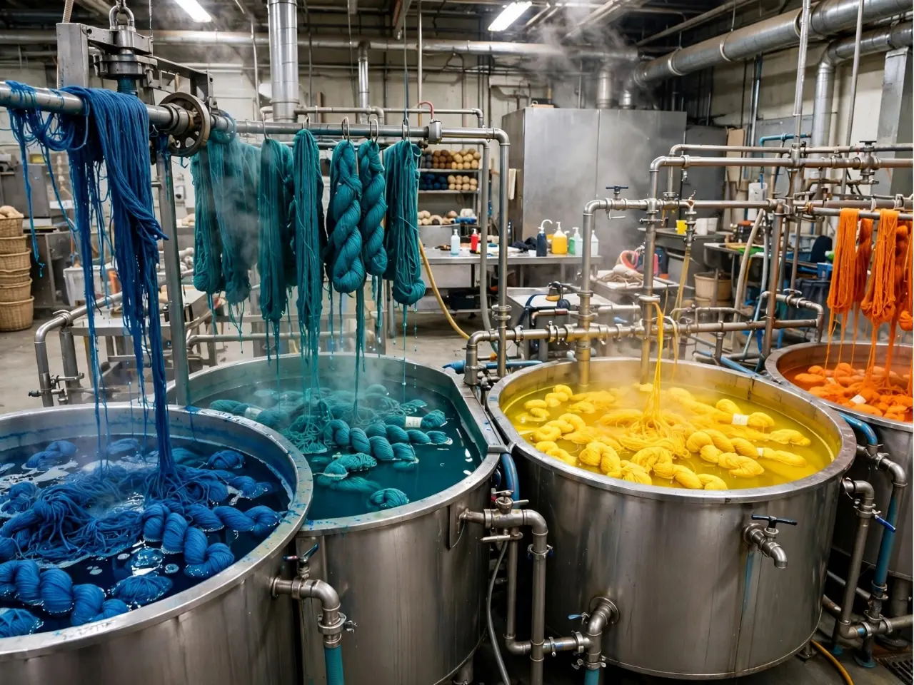 Industrial textile dyeing factory with large vats of blue, teal, yellow and orange yarn being dyed, representing over 15000 chemicals used in textile production that can harm workers and ecosystems