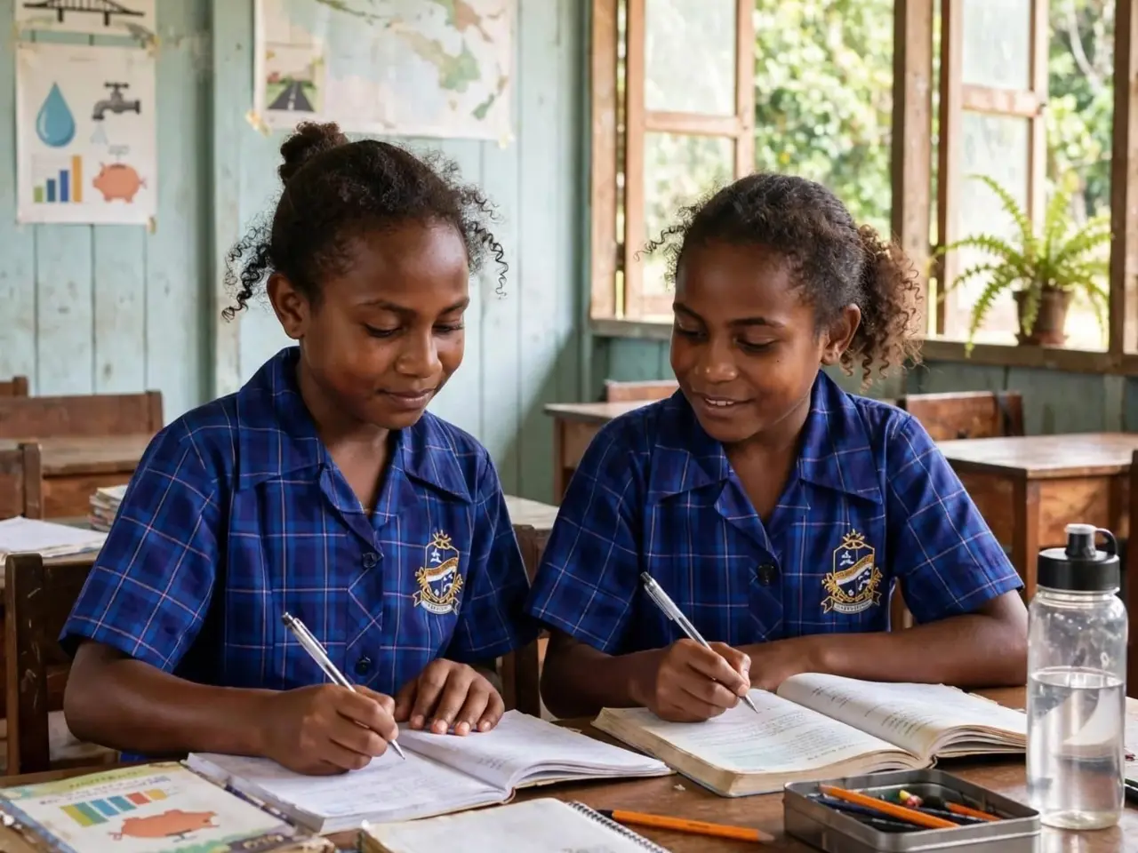Two Papua New Guinea schoolgirls studying in classroom representing ADB new country partnership strategy for Papua New Guinea growth transport energy public finances essential services