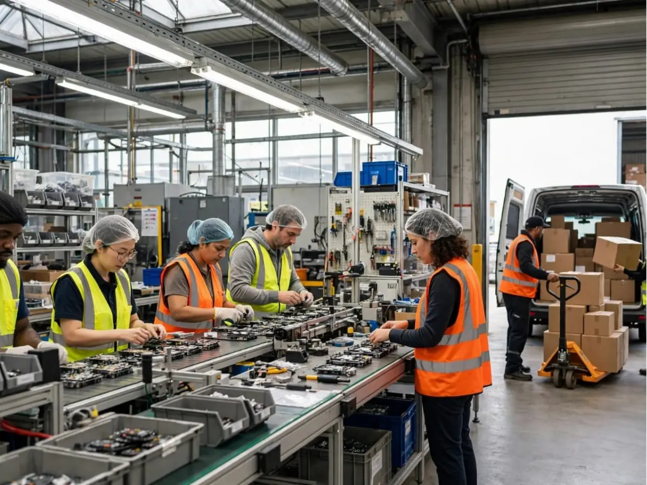 Factory workers on supply chain assembly line and logistics van loading as ILO says 60 percent workers in informal employment