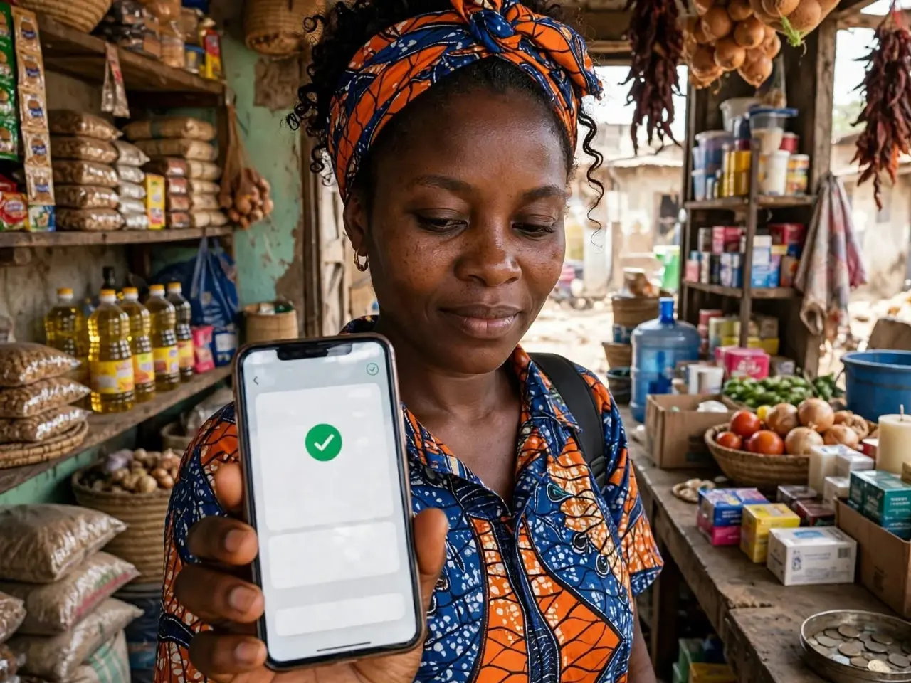 Woman entrepreneur in emerging market small shop using smartphone and laptop for digital payments financial inclusion IFC initiative