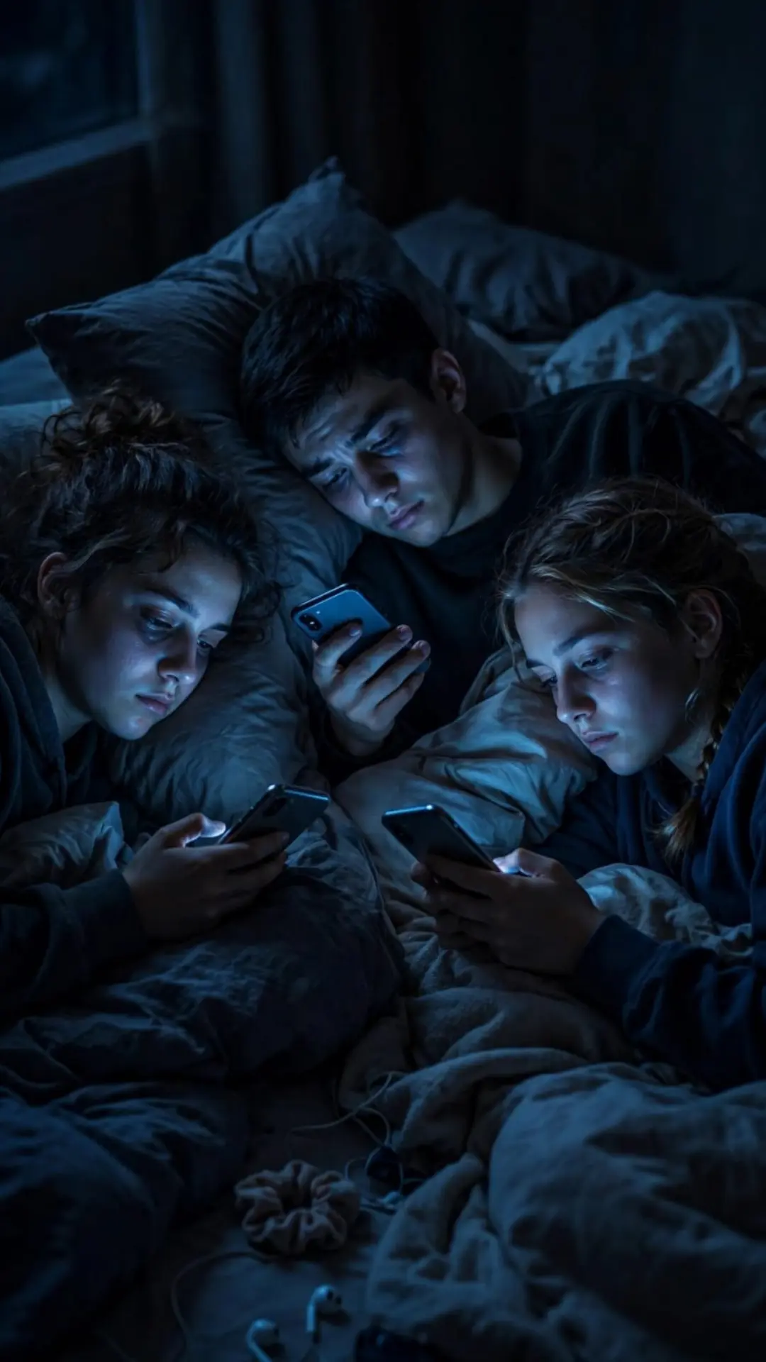 Three teenagers in bed at night scrolling phones in dark room showing social media addiction and sleep loss