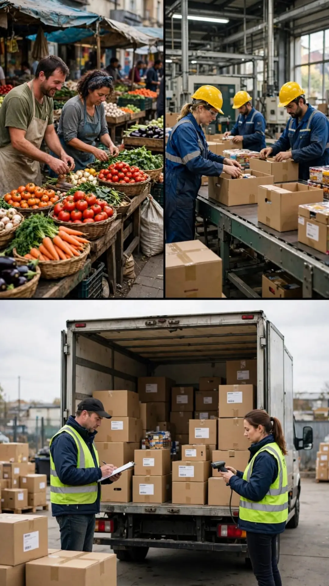 Informal vegetable market vendors sorting produce, formal factory workers packing boxes on conveyor line, and logistics workers scanning cargo in delivery truck showing supply chain pathway to formal employment
