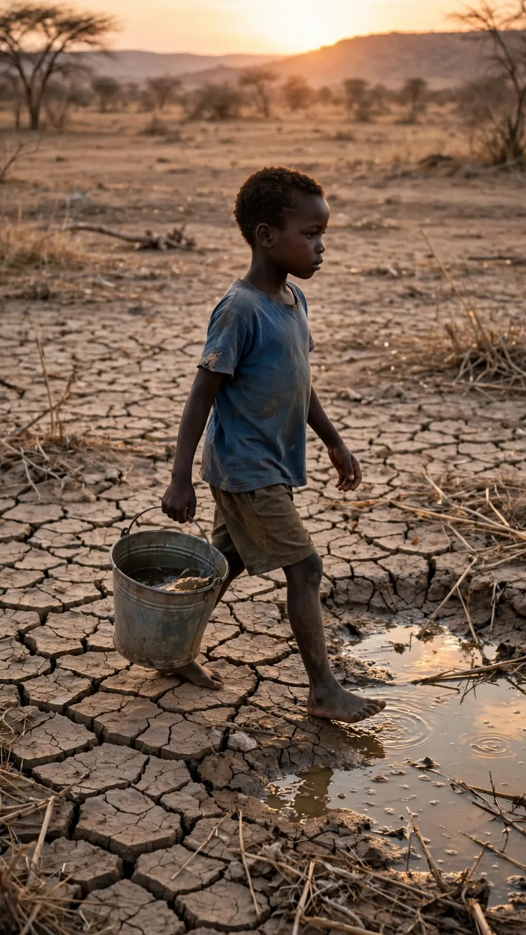 Young child carrying bucket of water walking across cracked dry earth during drought at sunset, symbolizing 40% global freshwater shortfall by 2030 and SDG 6 clean water crisis