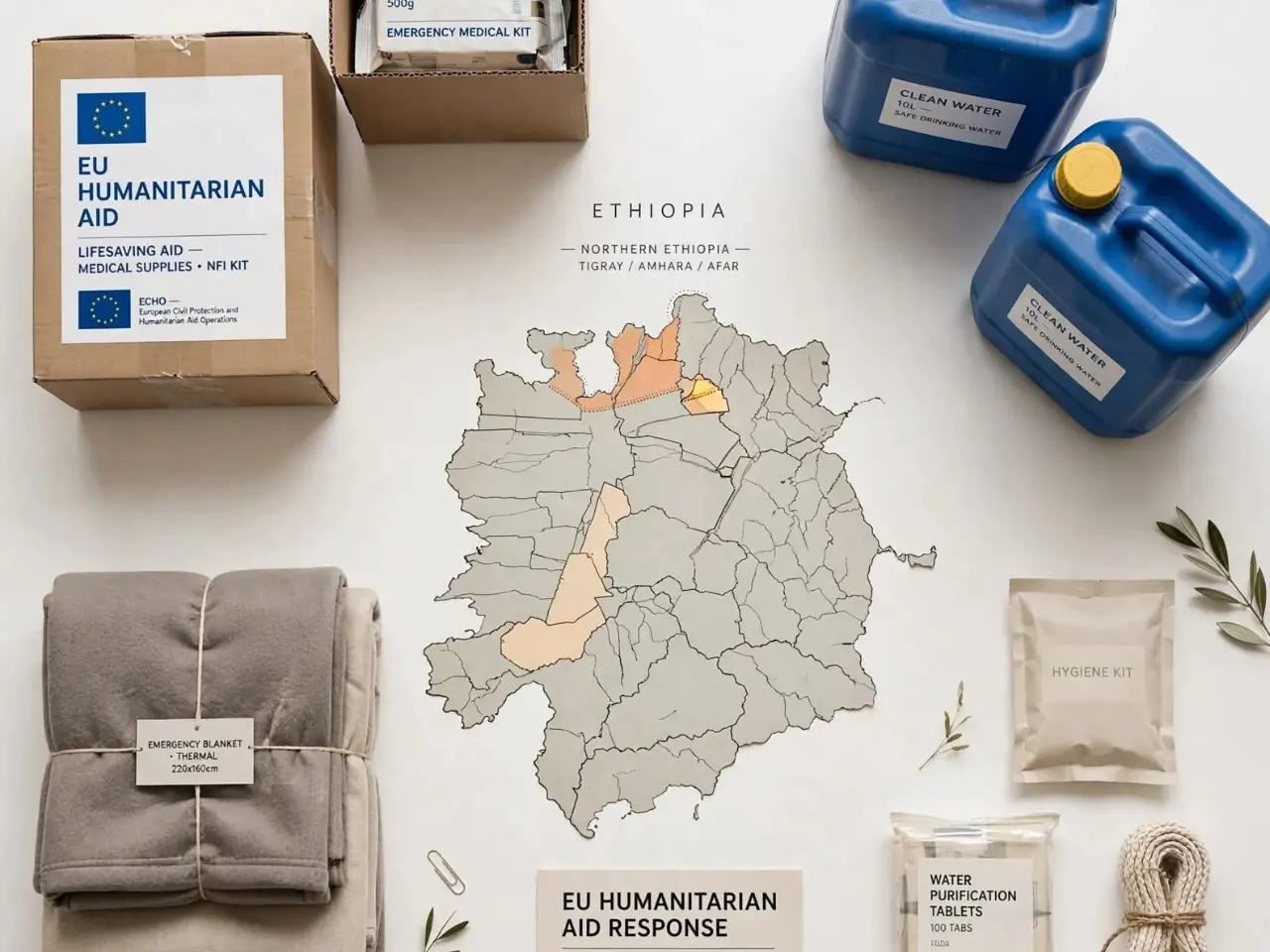 European Union flag over Northern Ethiopia map representing EU call for de-escalation and 61 million euros humanitarian aid for civilians
