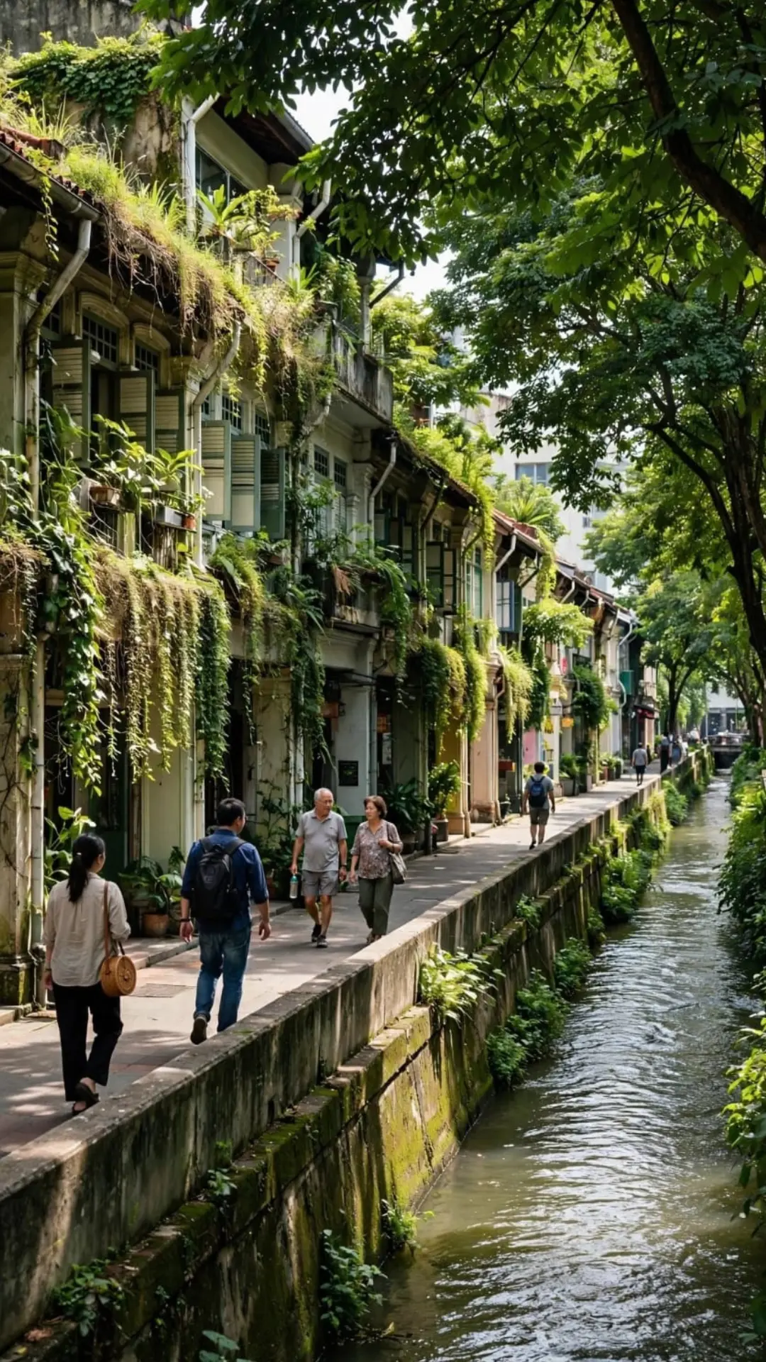 Tree canopy, green roofs and water canal cooling urban street in Asia-Pacific city, nature-based solution for urban heat island effect