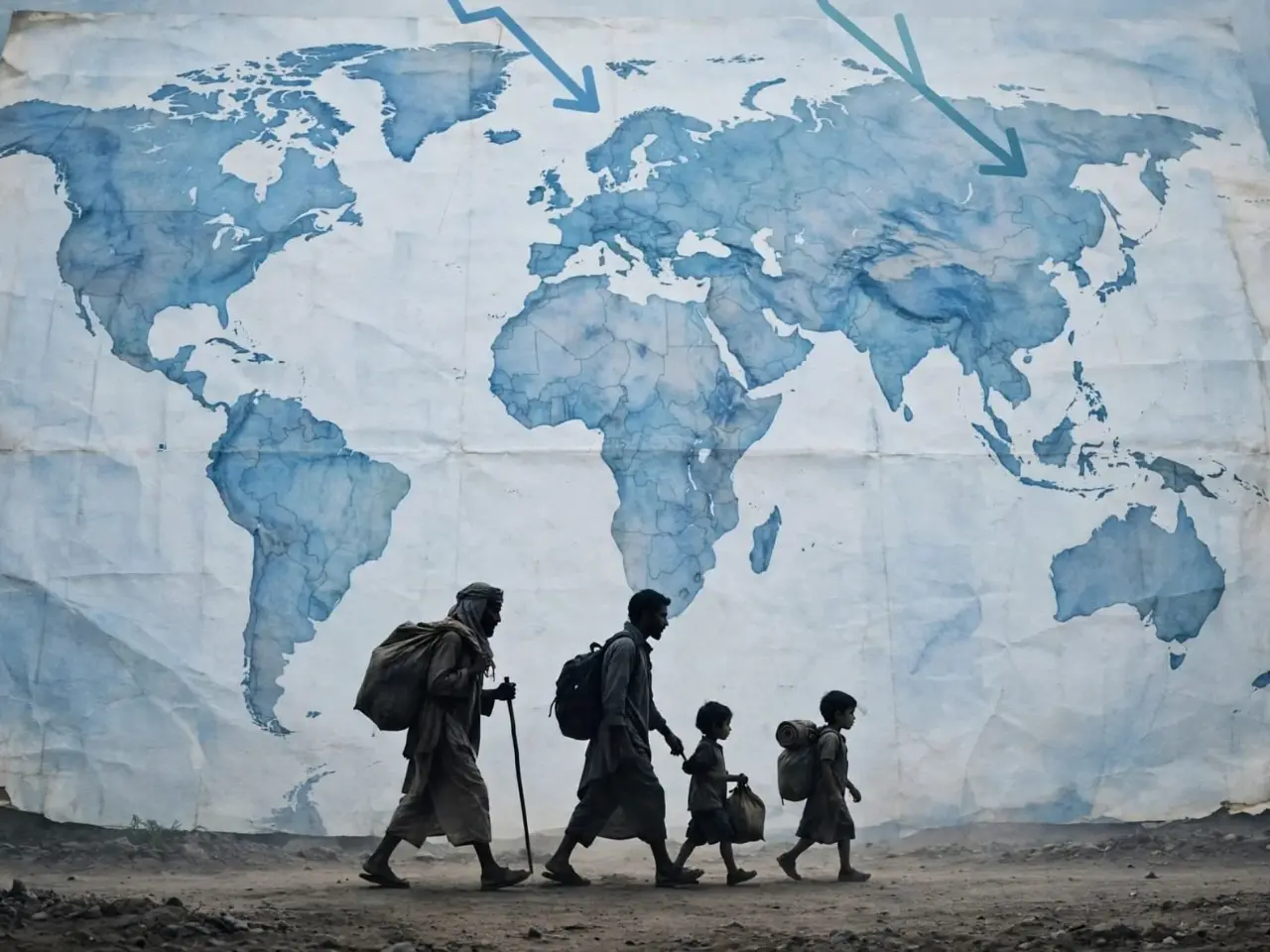 World map with declining violence trends and displaced family silhouettes shows global homicide down 14% but 118 million forcibly displaced in 2025
