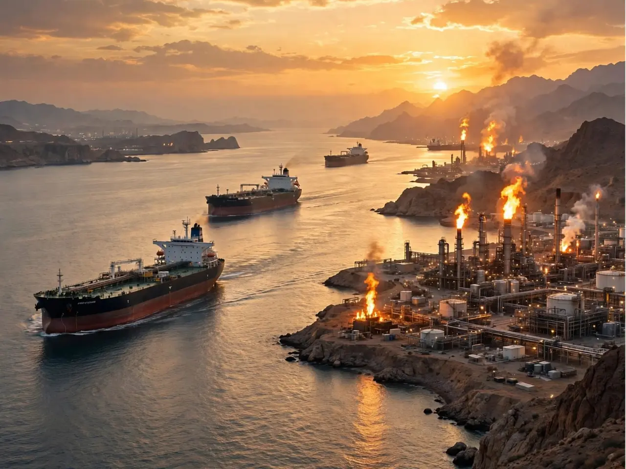 Oil tankers carrying Middle East crude through Strait of Hormuz at sunset near refinery flames